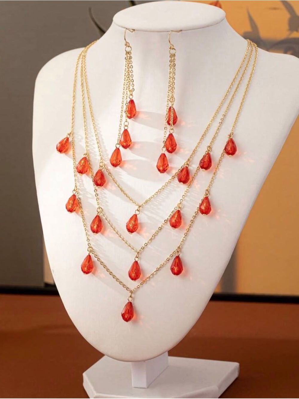 Gold Multi-Layer Necklace with Orange-Red Teardrops